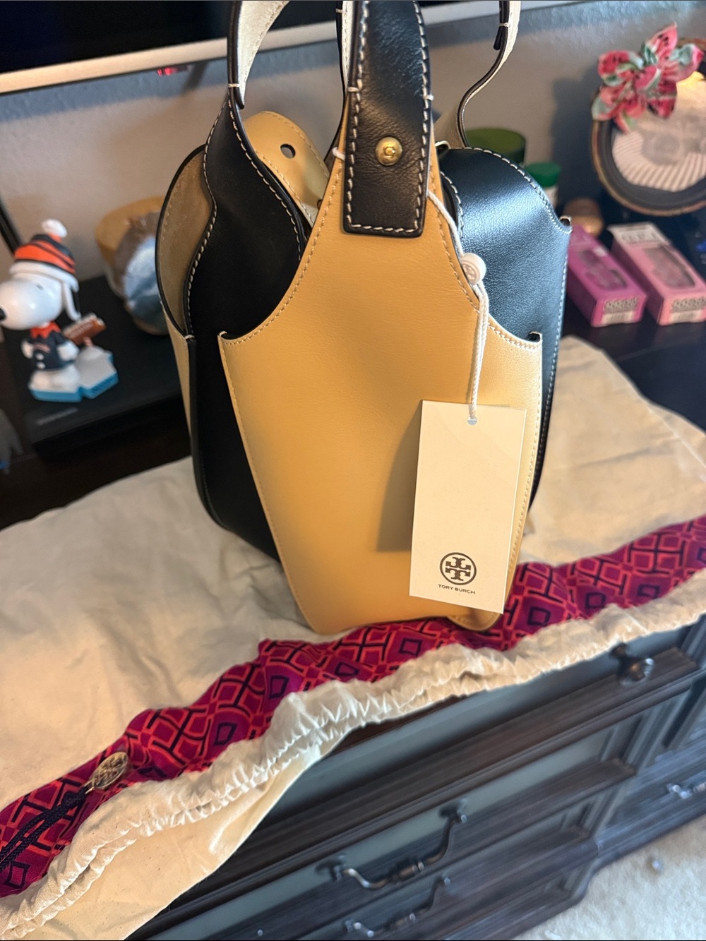 NWT Tory Burch Color-Block Lampshade Bag Warm Butter Black
